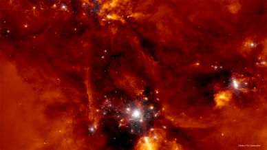 Simulação computacional da formação de um protoenxame de galáxias.